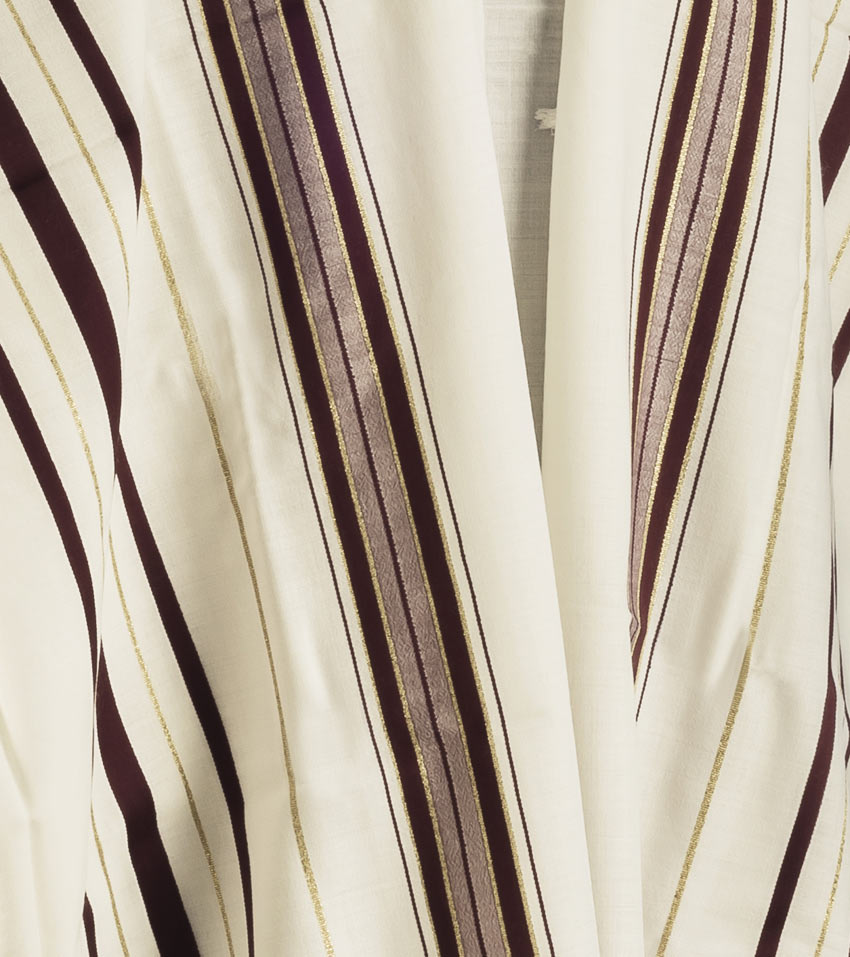 Traditional Wool Tallit with Burgundy & Gold Stripes