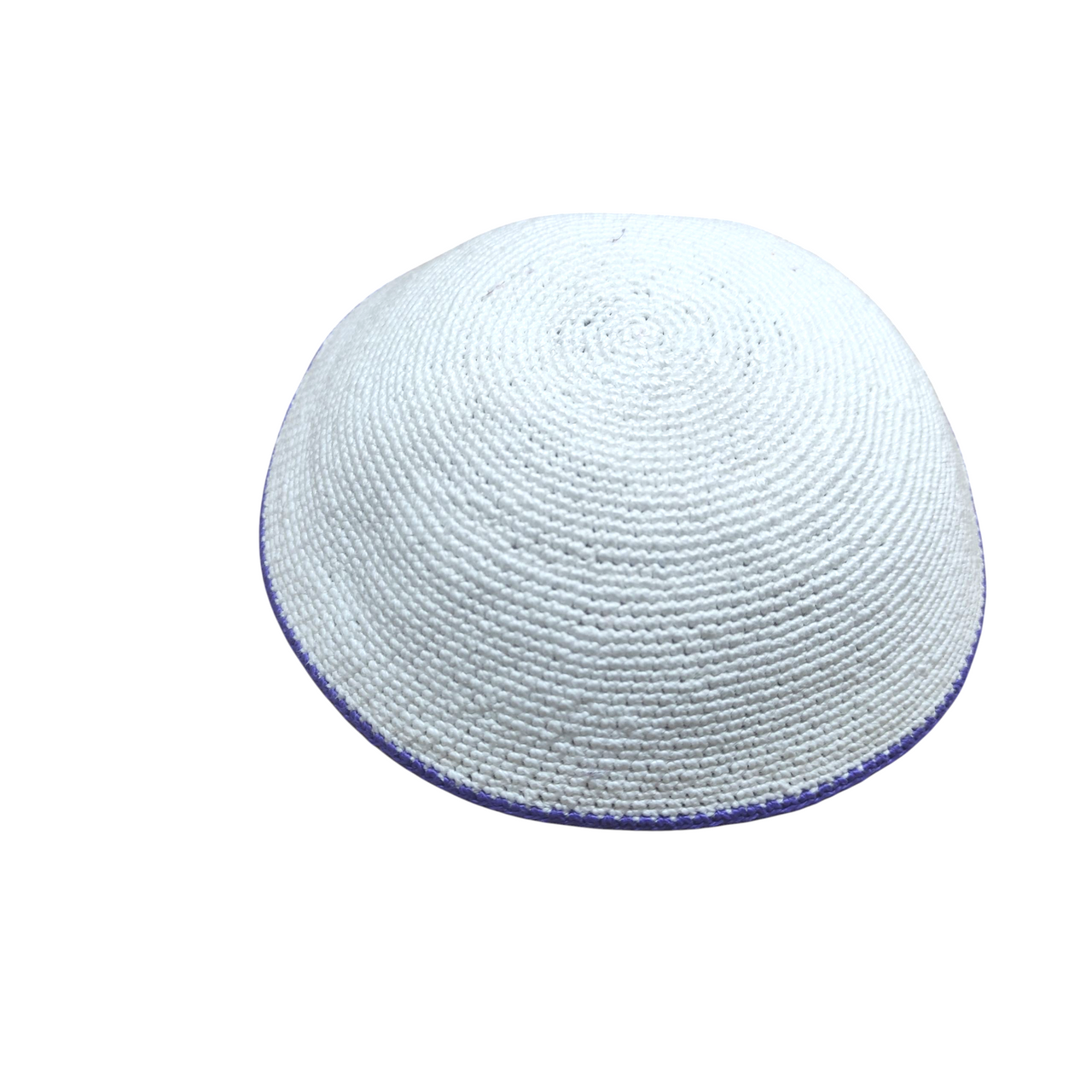 White DMC Knitted Kippah with Dark Lavender Trim