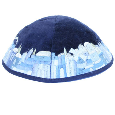 Velvet kippah with Jerusalem design in rich shades of blue