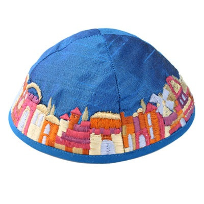 Blue Embroidered Jerusalem Kippah