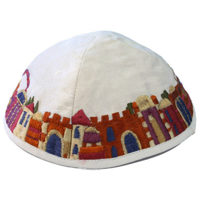White Embroidered Jerusalem Kippah