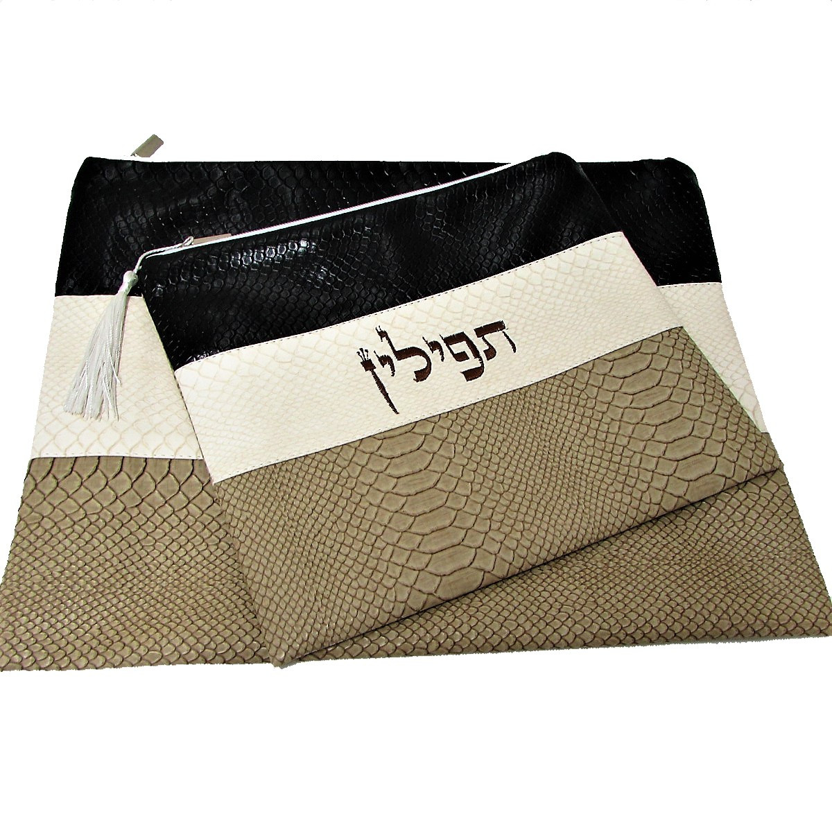 Faux Leather Black, Cream & Tan Tallit Bag