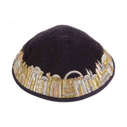 Black & Gold Embroidered Jerusalem Kippah